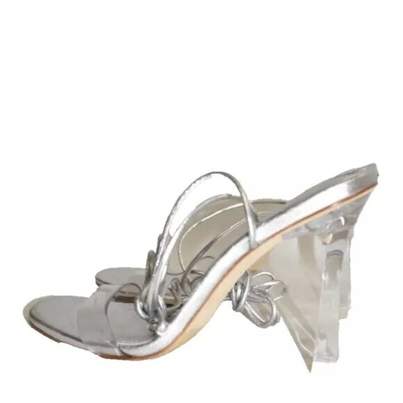 $350 larroude Gloria Strapped Heel CLEAR SILVER LEATHER STRAPPY 5 (DB34)
